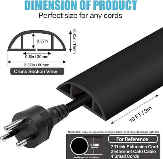 Floor Cord Cover Cavity 0.8"x0.37" Self Adhesive Cord Hider, 10FT Low Profile Cable Management, Extension Strip Protector for Wires, Prevent Cable Trips for Offices, Gyms, Exhibitions（Black）