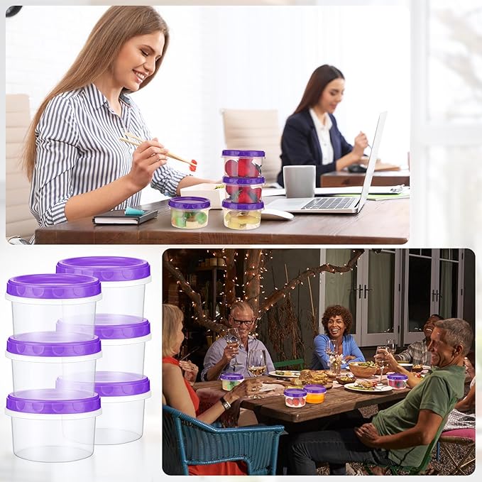 Sieral 36 Pack 8 oz Freezer Containers with Lids Reusable Deli Freezer Storage Containers Stackable Plastic Thick Twist Top Jars for Takeout Food Round Wide Mouth Lunch Snack (Purple)