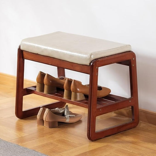 Solid Wood Shoe Bench, 2-Tier Wooden Entryway Bench, Modern Shoe Rack with Faux Leather Cushion for Hallway, Living Room (Gray, 21.65'')