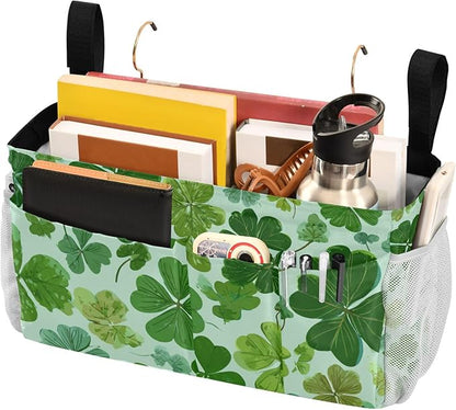 CuwrYet Bedside Caddy Hanging Bunk Bed Caddy Bed Organizer Hanging Pocket with 2 Hooks Bedside Storage Organizer Pocket Bag Holder Green Nature St Patrick Clovers