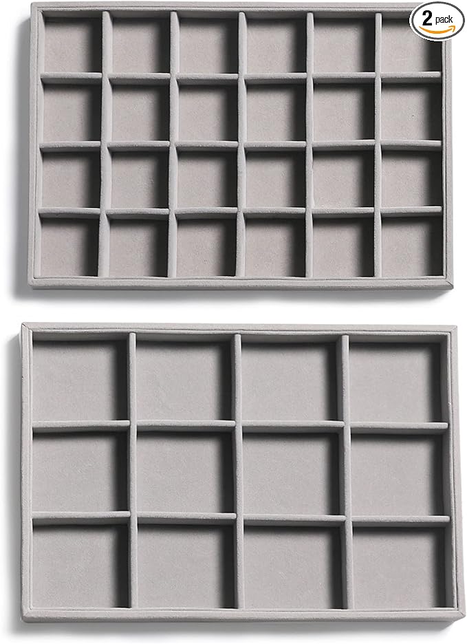Frebeauty Stackable Velvet Jewelry Organizer Trays for Drawers Inserts Jewelry Storage Tray Display Case, Stud Earrings Bracelets Necklace Rings Trays for Women Girls(Set of 2)(Grey)