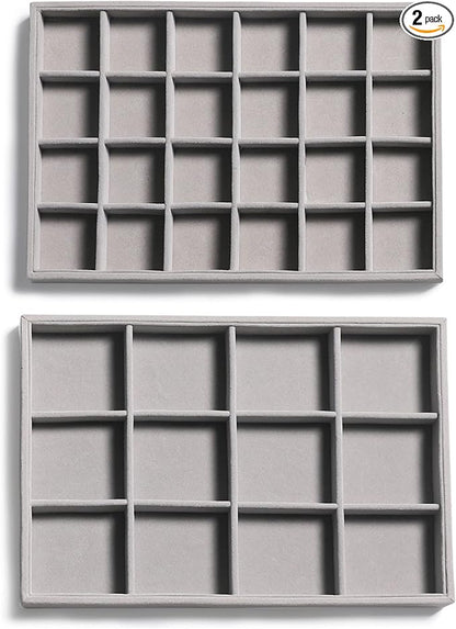 Frebeauty Stackable Velvet Jewelry Organizer Trays for Drawers Inserts Jewelry Storage Tray Display Case, Stud Earrings Bracelets Necklace Rings Trays for Women Girls(Set of 2)(Grey)