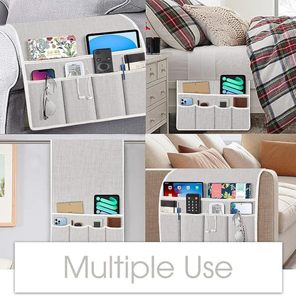 Joywell Remote Holder for Recliner Armchair Caddy Couch Armrest Non Slip Sofa Arm Chair Caddie with 6 Pocket for Magazine, Tablet, Phone, iPad, Think Linen, Champagne