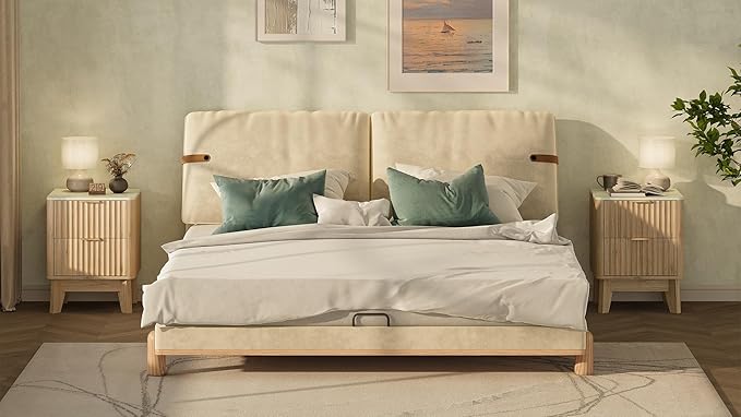 TROJM Fluted Nightstand Set of 2,Modern End Table with Faux Marble Top,2 Storage Drawers Side Table,Bedside Table for Bedroom, Living Room,Curved Profile Design Furnitue,Natural Oak