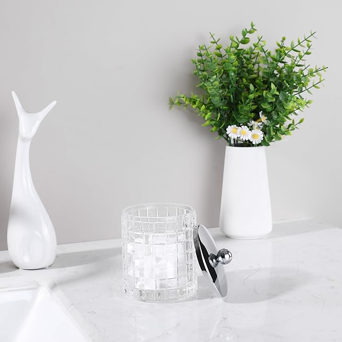 Indecor Home Glass Cotton Jar Holder Silver Lid, Elegant Bathroom Storage Canister for Qtips, Cotton Balls, Floss, Makeup Organizer, Vanity Bathroom Organization