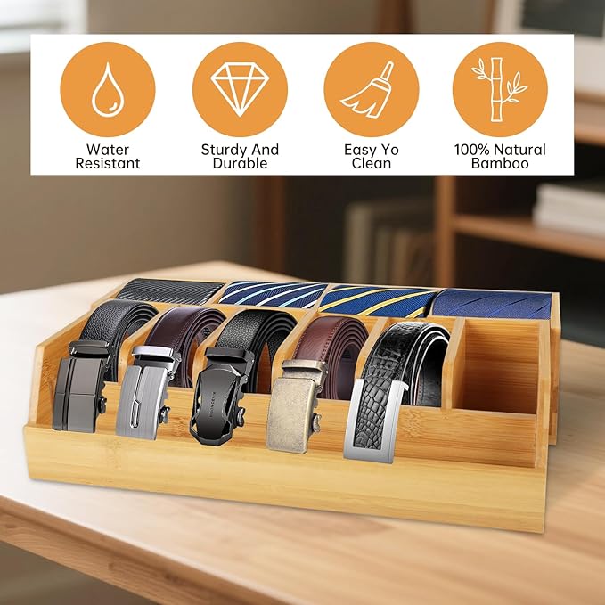 Niciksty Adjustable Wood Belt Organizer, 10 Compartments Belt Rack and Tie Storage Holder for Closet and Drawer, Belt Holder Organizer and Displayer, Tie Holder Storage for Men Women, Wood Color