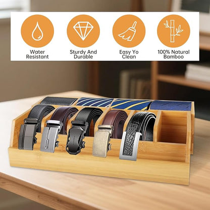 Niciksty Adjustable Wood Belt Organizer, 10 Compartments Belt Rack and Tie Storage Holder for Closet and Drawer, Belt Holder Organizer and Displayer, Tie Holder Storage for Men Women, Wood Color
