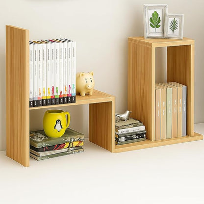 Desktop Shelf Organizer, Adjustable Wood Office Storage Rack, Counter Display Small Bookshelf for Home/Office/School(Light Walnut)