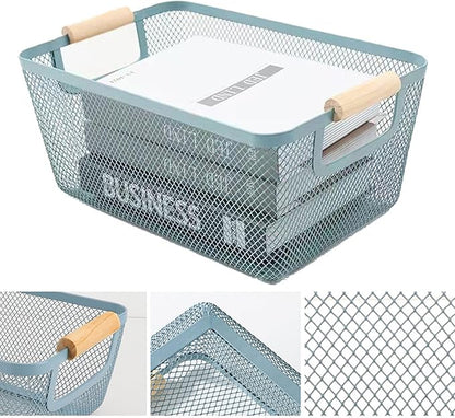 Metal Mesh Steel Basket, Large Wire Storage Organizer Basket Multi-function Hanging Kitchen Baskets with Wood Handle for Kitchen Bathroom Picnic Home, Rectangle-Blue