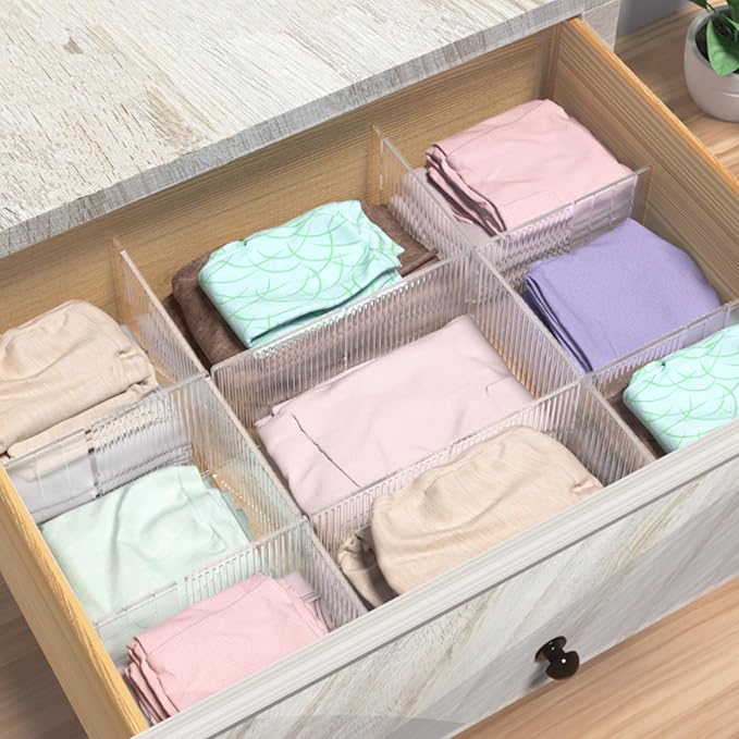 Onerbuy 8pcs Adjustable Grid Drawer Dividers DIY Plastic Closet Separator Tidy Organizer Container for Underwear Socks Belt Office Supplies(Transparent White)