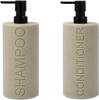 Indecor Home Resin 2 Pack Shampoo, Conditioner or Body Wash Dispenser Set, Luxurious Refillable Pump Bottles with Matte Pump Top and Embossed Text, Durable Design for Bathroom and Shower