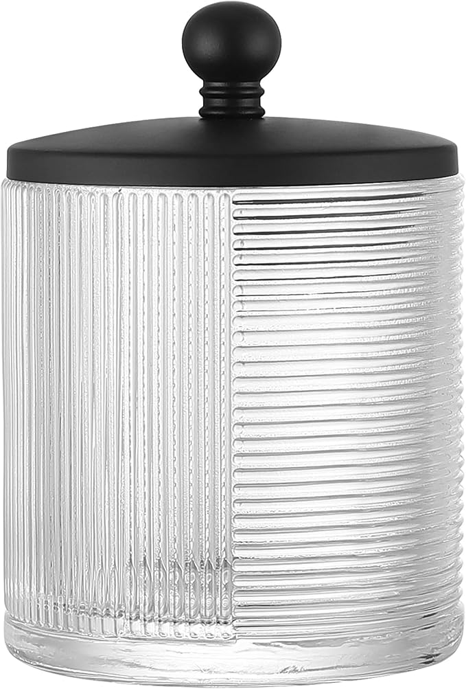 Indecor Home Clear Transparent Apothecary Ribbed Geometric Etched Glass Jar W/Matte Black Metal Lid Cover for Bathroom Organization, Cotton Balls, Q Tips, and Small Accessories, Bathroom Storage