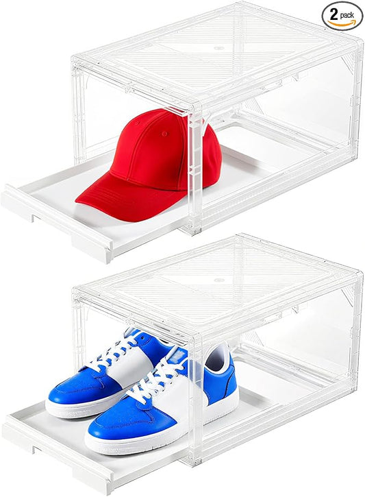 Tangyinus 2 Pack Clear Shoe Boxes - Stackable Sneaker Display Case with Sliding Tray and Door, Large Shoe Containers Up to Fit Size 14, Plastic Shoe Storage Box, Great Hat Organizer for Baseball Caps