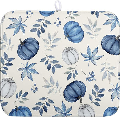 Wnoesat Fall Dish Drying Mat Blue Pumpkin Maple Leaves Drying Mats for Kitchen Counter 16x18 Inch Autumn Thanksgiving Absorbent Microfiber Dish Draining Mat Dishes Pad with Hanging Loop