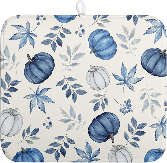Wnoesat Fall Dish Drying Mat Blue Pumpkin Maple Leaves Drying Mats for Kitchen Counter 16x18 Inch Autumn Thanksgiving Absorbent Microfiber Dish Draining Mat Dishes Pad with Hanging Loop