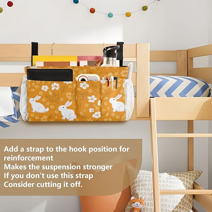 CuwrYet Bedside Caddy Hanging Bunk Bed Caddy Bed Organizer Hanging Pocket with 2 Hooks Bedside Storage Organizer Pocket Bag Holder White Flowers Bunny Orange Leaf