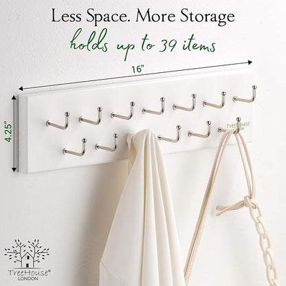 Treehouse Belt Organizer Rack, Holds Over 28 Large Belts, Sturdy Metal & Solid Wood Storage Holder for Closet, Versatile, Wall Mounted Belt & Tie Display Hanger for Bedroom - (White)16''L x4.25''H