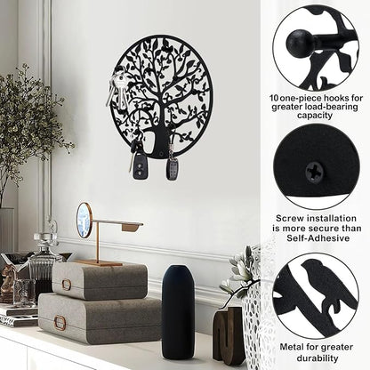 Round Decorative Home Key Holder Wall Mount, Metal Tree Car Key Rack for Wall Organizer for Keys, Wallets, Hats, Used for Decor for House Entryway, Kitchen, Garage, Office (8" Black)