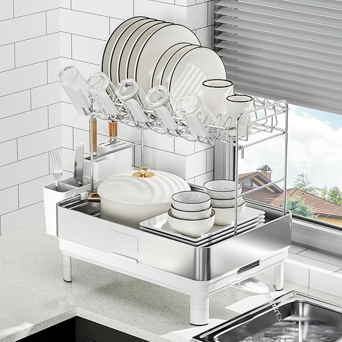 Ewaiira Large Dish Drying Rack, 304 Stainless Steel Dish Racks for Kitchen Counter, Automatic Drainage Spout, Rustproof Kitchen Dish Drainers with Drainboard, Utensil Holder & Glass Holder, White