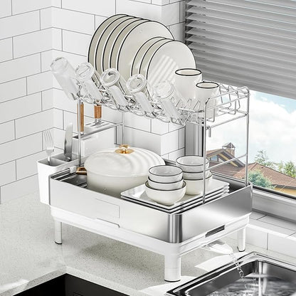 Ewaiira Large Dish Drying Rack, 304 Stainless Steel Dish Racks for Kitchen Counter, Automatic Drainage Spout, Rustproof Kitchen Dish Drainers with Drainboard, Utensil Holder & Glass Holder, White