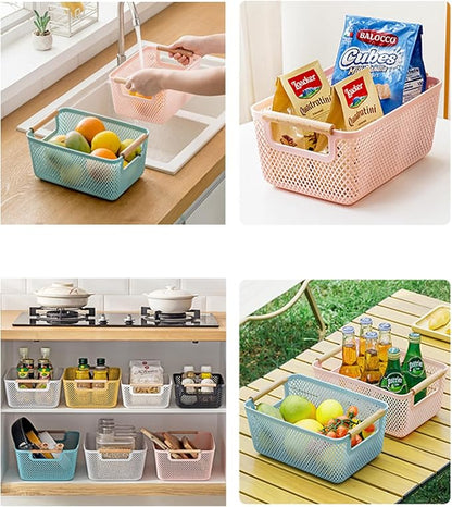 Metal Mesh Steel Basket, Medium Wire Storage Organizer Basket Multi-function Hanging Kitchen Basket with Wood Handle for Kitchen Bathroom Picnic Home, Rectangle-Pink