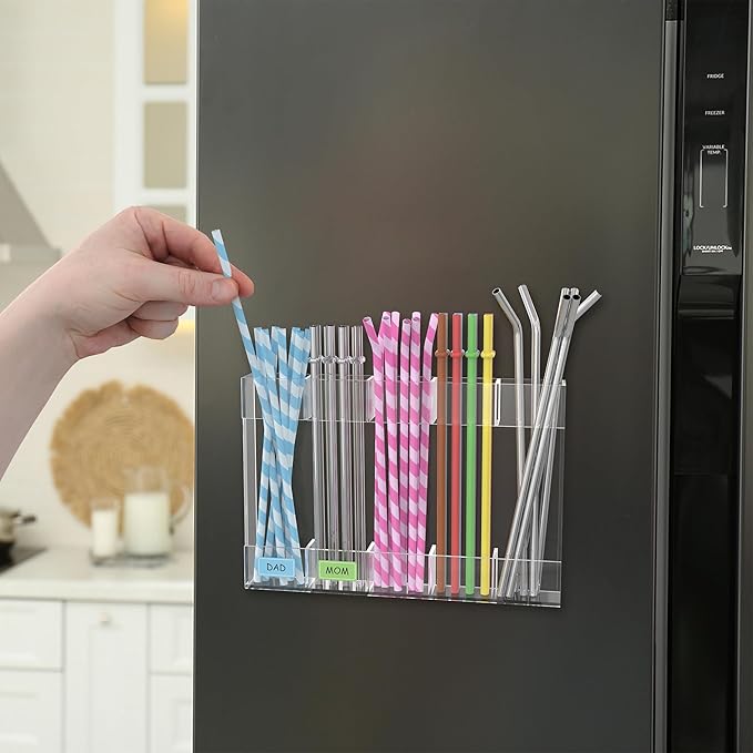 Acrylic Straw Holder for Cabinet Door, 9.5" Reusable Straws Organizer Storage Dispenser with Ultra Sticky Adhesive, Kitchen Accessories Container for Counter Cupboard (Transparent)