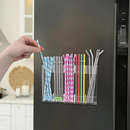 Acrylic Straw Holder for Cabinet Door, 9.5" Reusable Straws Organizer Storage Dispenser with Ultra Sticky Adhesive, Kitchen Accessories Container for Counter Cupboard (Transparent)