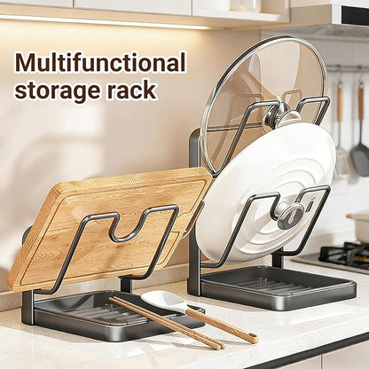 Kitchen Pot Lid Storage Rack for stove top 304 Stainless Steel Pot kitchen pot lid storage – Space-Saving Rack with Removable Drip Tray for Lids & Utensils Double layered Black