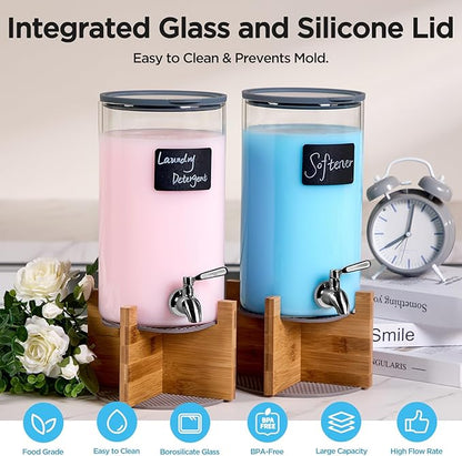 Glass Laundry Detergent Dispenser with Holder,1.1 Gallon Laundry Liquid Dispensers with Stainless-Steel Tap,Large Glass Fabric Softener Containers with Stand for Laundry Room Organization