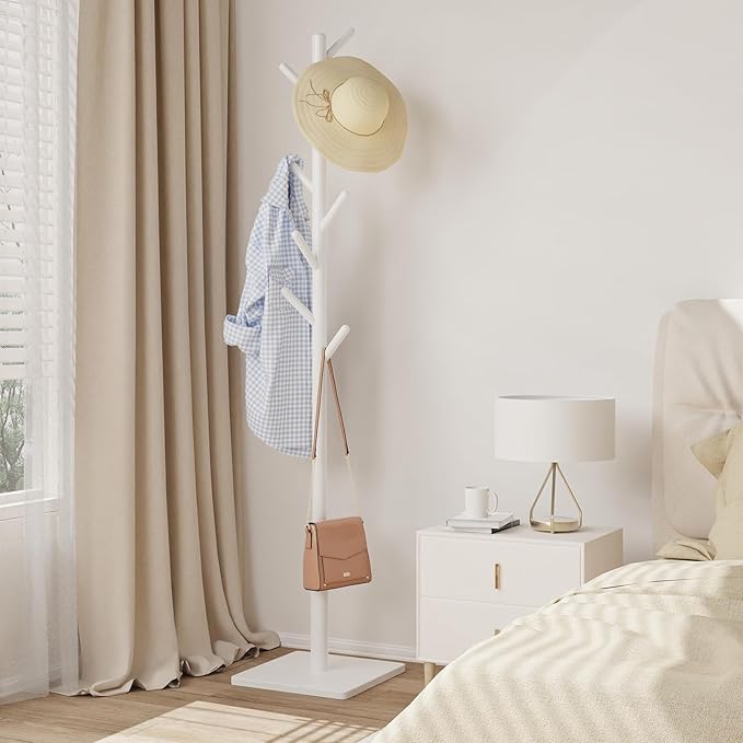 Coat Rack Freestanding with Stable Square Base for Cloathes, Hat, Used in Bedroom, Office and Entryway, Sturdy and Easy Assembly Coat Tree with 3 Adjustable Sizes and 8 Hooks, White