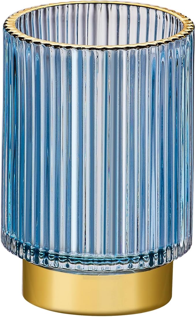 LEICURACE Makeup Brush Holder Organizer,Toothbrush Holders,Desk Pen Pencil Holder,Multifunctional Vintage Glass Brush Cup（L/Blue/A3-8-US）