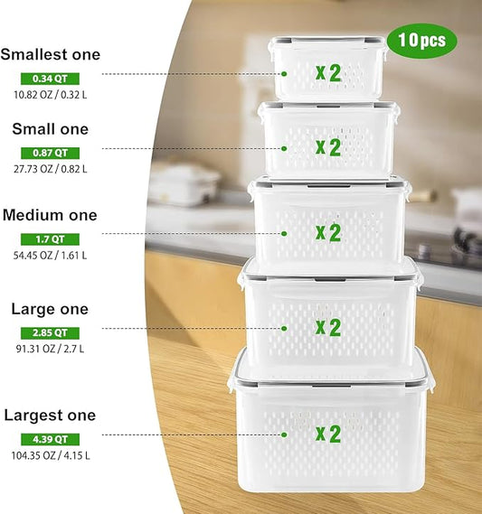 Freshmage Fruit Storage Containers for Fridge with Removable Colander, Airtight Food Storage Container, Dishwasher Safe Produce Saver for Refrigerator, Keep Berry Fruit Fresh Longer 6 pcs Large Clear