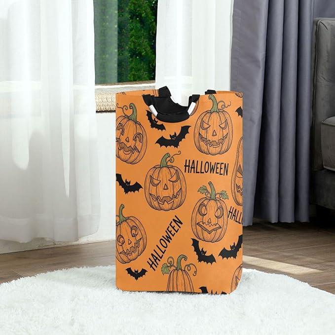 Laundry Hamper Basket Halloween Bats Pumpkin Orange Storage Basket Collapsible Clothes Hamper with Handle Decorative Blanket Basket for Living Room Toys Pillows Clothes