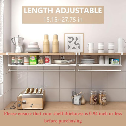 Expandable Under Cabinet Shelf, Extendable Under Shelf Storage with 0.94 Inches Thick Clips for Shoe Rack, Pantry Cabinet, Laundry Room. (White, 1 Pack, Interior: 6" H x 8.26" D)