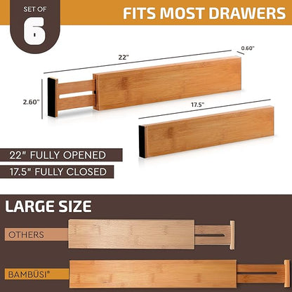 6 Pack Bamboo Drawer Dividers - 17" to 21.5" Expandable Adjustable Drawer Organizer for Kitchen Utensils, Large Drawer Divider, Clothes, Dresser, Bedroom, Bathroom, Desk Drawer Separator Set (White)