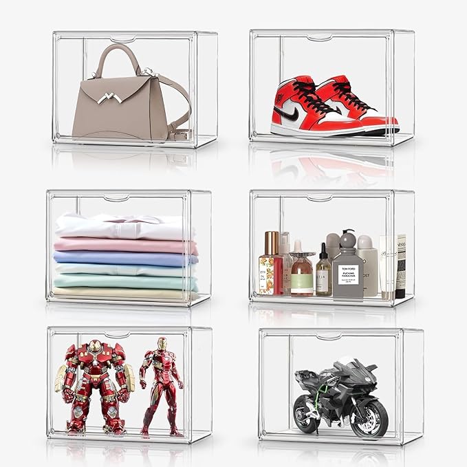 DAYOOH 5 Pcs Super Large Acrylic Display Case Purse Handbag Storage Organizer for Closet Clear Stackable Bag Storage Boxes for Books, Boots, Collectibles, Cosmetic