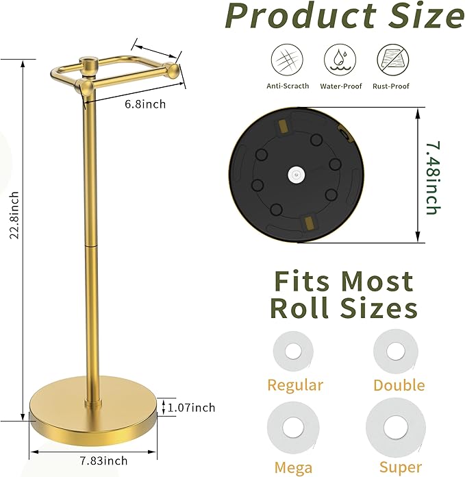 Toilet Paper Holder Stand, Modern Bathroom Free Standing Toilet Paper Roll Holder, Post Pivoting Toilet Paper Stand with Stainless Steel Tissue Rack, Rust-Proof & Heavy Stable Base（Brushed Gold）