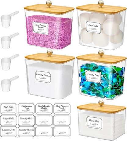 Lifewit Large Laundry Pods Container& Dryer Sheet Holder, Laundry Storage Containers, Laundry Room Organization Storage Jars for Powder, Scent Booster Beads,Bamboo Lid,0.53+0.7 gal,5 Pcs