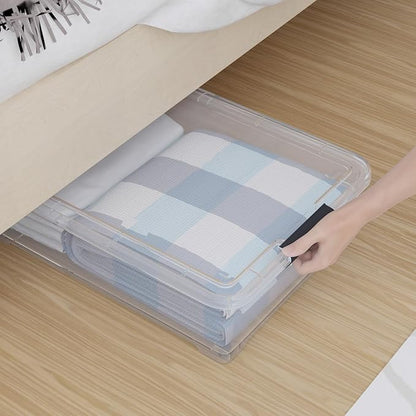 Waikhomes 4-Pack 25L Plastic Under Bed Storage Organizer Bin Container with Latch Lids and Wheels, Clothes Storage Box Rolling Underbed, Clear