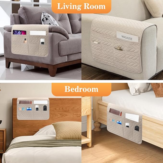 HADEEONG Sofa Armrest Organizer Arm Chair Caddy for Recliner, Remote Control Holder for Recliner, Non-Slip Armchair Caddy with 6 Pockets Storage for Magazine, Tablet, Phone, Beige