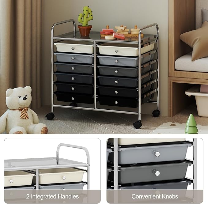 MAT EXPERT 12-Drawer Rolling Storage Cart, Mobile Utility Cart on Wheels, Removable Storage Drawers for Home, Study, Office, School,Paper Organizer