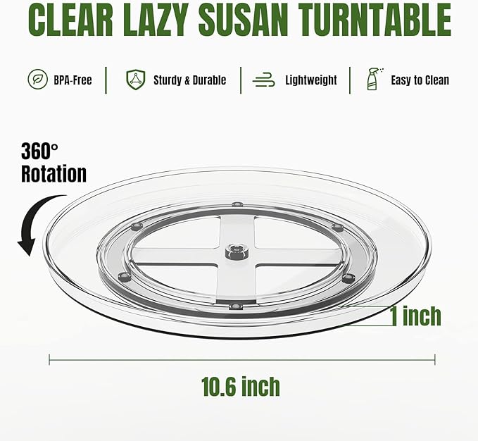 10.6 Inch Lazy Susan Organizer 2 Pack, Clear Turntable Organizer for Cabinet, Plastic Rotating Spice Rack Pantry Organization and Storage for Kitchen, Bathroom, Countertop, Table, Fridge
