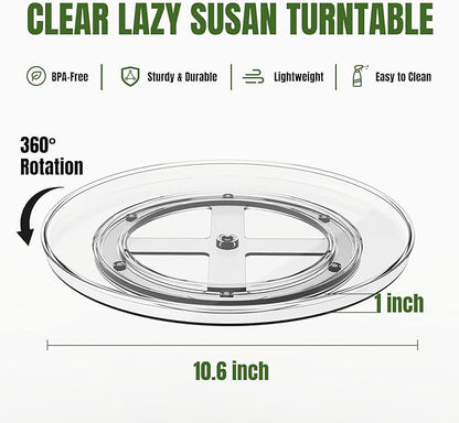 10.6 Inch Lazy Susan Organizer 2 Pack, Clear Turntable Organizer for Cabinet, Plastic Rotating Spice Rack Pantry Organization and Storage for Kitchen, Bathroom, Countertop, Table, Fridge