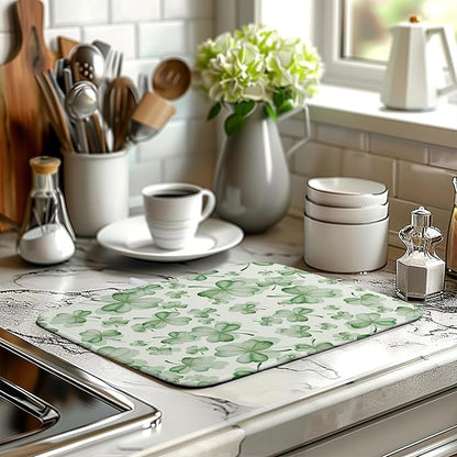 St Patrick's Day Clover Dish Drying Mat for Kitchen Counter Green Lucky Shamrock Microfiber Dish Drainer Mat St. Patrick's Day Absorbent Reversible Drying Pad Spring Sage Leaf Dish Rack Mat 16x18 In