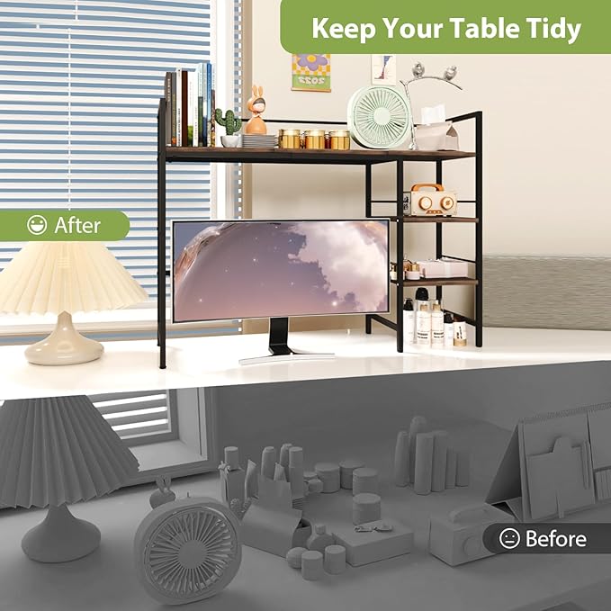 Desk Shelf, 38.6 Inch Wood Desk Organizer Shelf for Computer Monitor, Desk Hutch Storage, Desktop Shelf for Top of Desk, 3 Tier Desktop Bookshelf for Home Office Dorm, Rustic