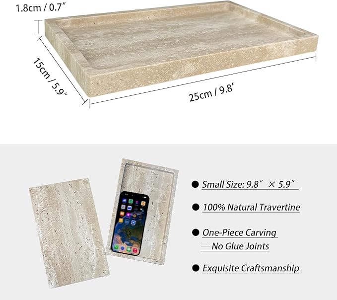 OAIQNUJ Natural Travertine Stone Perfume Tray, 9.8"x5.9" Marble Vanity Tray for Bathroom/Kitchen/Coffee Table
