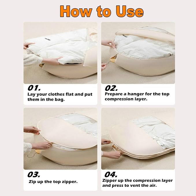 Space Saving Hanging Garment Bag with Self Compression Zipper, 2025 New Large Capacity Long Hanging Clothes Compression,Thick Satin Fabric Dust Cover Clothes Suit Bags for Coats, Down,Dress(Beige,XL)