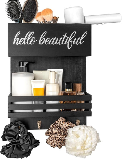 Cokritsm Wooden Hair Dryer Holder Wall-Mounted - 2 Tier Bathroom Storage Shelf Cosmetic & Hairdressing Tools Organizer for Bathroom Countertop/Vanity (Black)