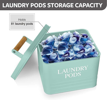 Calindiana Modern Farmhouse Metal Laundry Pods Holder Container with Lid for Laundry Room Decor and Accessories and Space Saving Organization and Storage, Holds 81 Laundry Pods, Mint