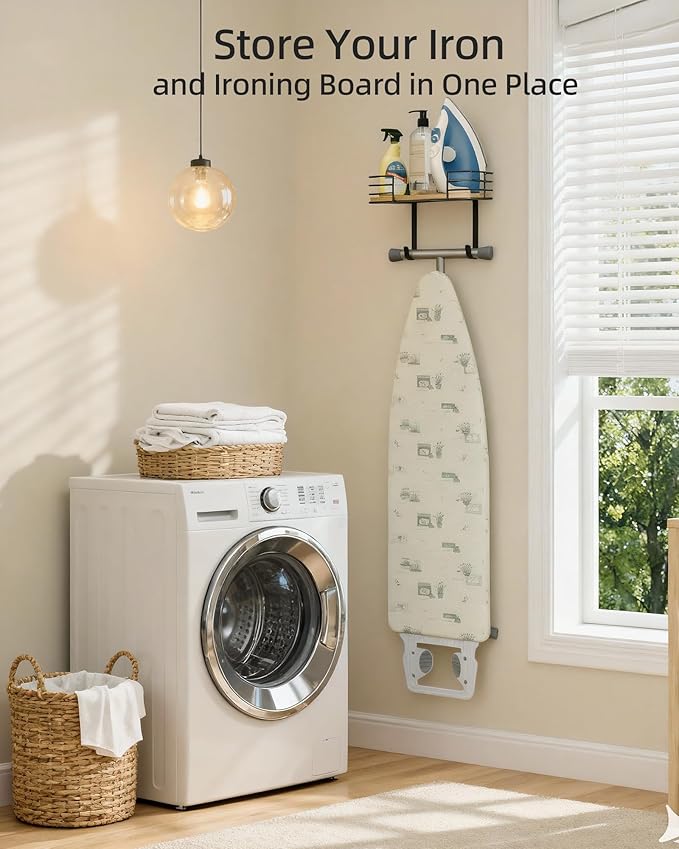 THYGIFTREE Ironing Board Holder Wall Mount, Metal Ironing Board Hanger with Shelf Laundry Room Accessories Holder for Holder for Ironing Board and Iron on Wall